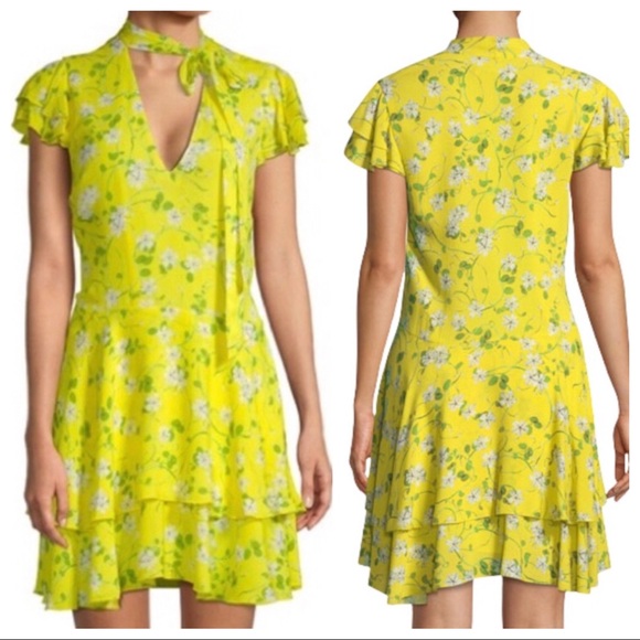 NWT ALICE + OLIVIA 8 Moore Yellow Floral Ruffle Neck Tie Dress - Picture 3 of 5